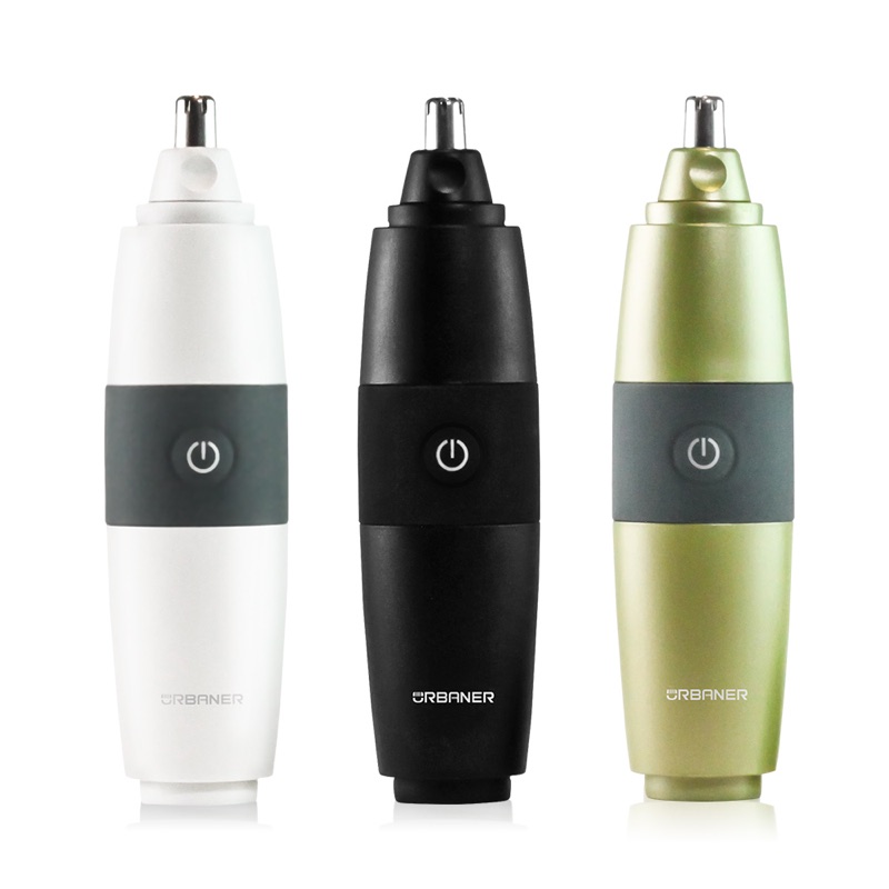 URBANER MB-061 premium ear and nose hair trimmer shown in white, black, and champagne finishes
